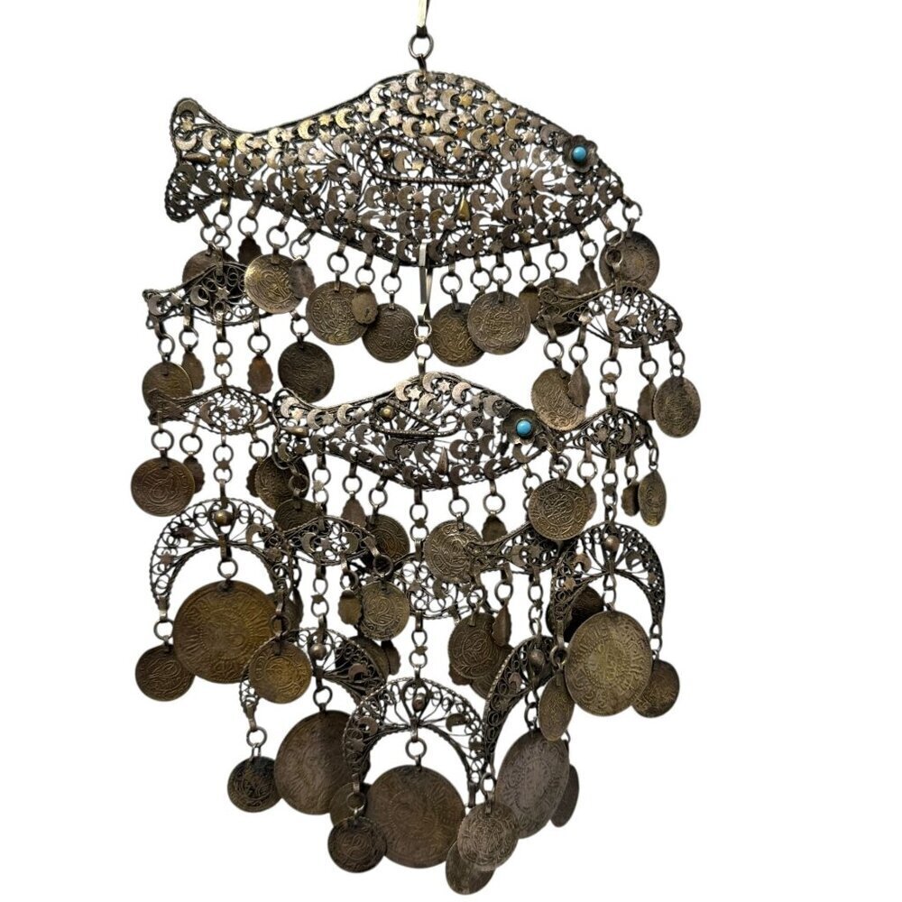 Vintage Filagree Fish Hanging Egyptian Necklace Moon Coins Motifs Boho Decor